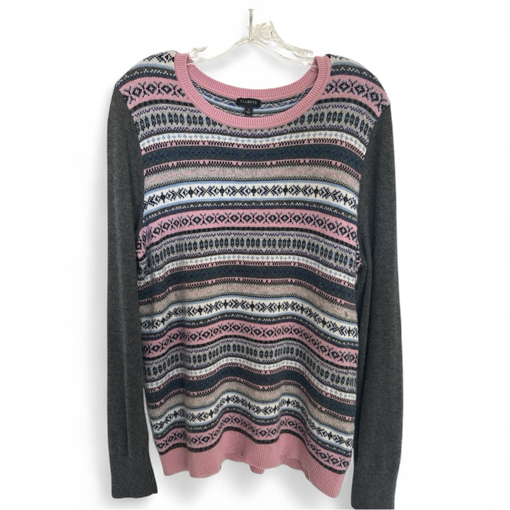 Talbots Fair Isle Sweater Crewneck Pullover Lambswool Knit Wool Cozy Size Large